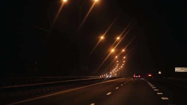 Nachtverkehr auf der Autobahn mit Schildern und Lichtern von Laternenpfählen im leichten Dunst und Gebäuden am Straßenrand mit Leuchtreklamen — Stockvideo