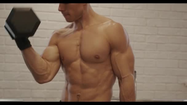 Jeune homme musclé travaillant dans la salle de gym et faisant des triceps exercice alternativement lever les bras avec des haltères. Caméra se déplace de haut en bas — Video