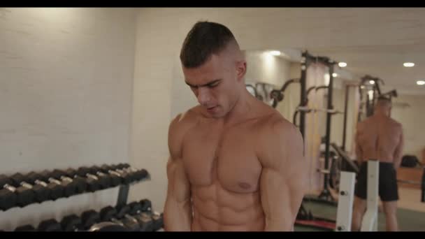 Hombre joven fuerte entrenando en el gimnasio y haciendo ejercicio de bíceps con una barra tensando los músculos de todo el cuerpo — Vídeos de Stock