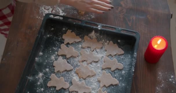 Genç bir kadın Noel ve Yeni Yıl için zencefilli kurabiye hazırlıyor ve hamur şekillerini desenli ahşap bir masada metal bir kurabiye kesiciyle kesiyor. Yukarıdan görüntüle — Stok video