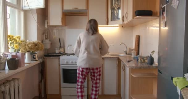 Joven mujer enérgica en su cocina cocinando panes de jengibre para Navidad y Año Nuevo y amasando ingredientes para la masa en una cacerola — Vídeo de stock