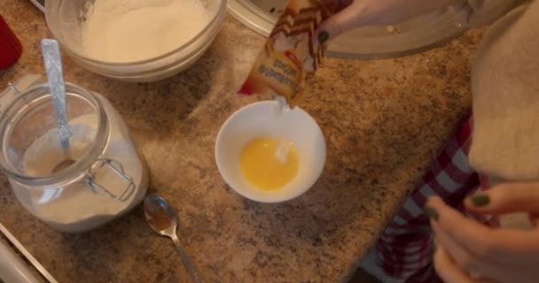 Young woman cooking gingerbreads for Christmas and New Year and mixes different ingredients for dough while standing at the kitchen table — Stock Video