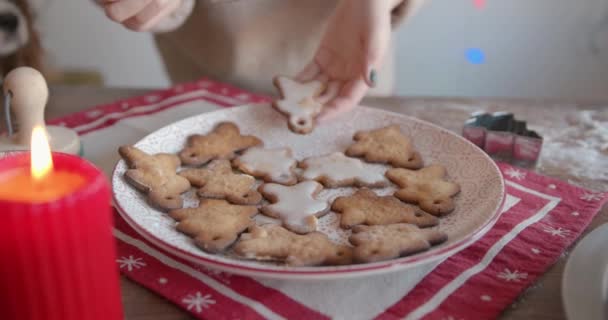 Une jeune femme dans la cuisine avec son chien cuit des pains d'épices pour Noël et met les figurines sur un grand plat les décorer avec de la glaçure — Video