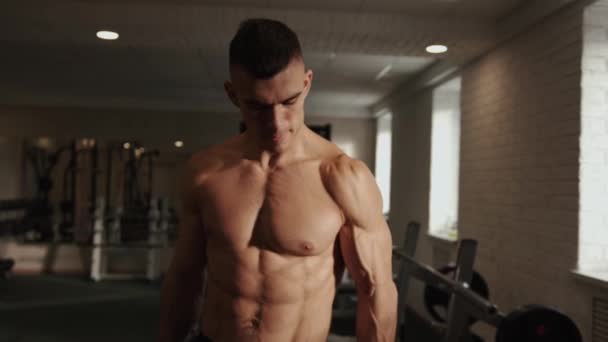 Jeune bodybuilder a avec un entraînement de torse nu dans la salle de gym et fait un exercice debout avec haltères pompage biceps — Video