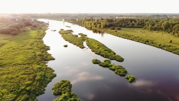 Stunning view from above on the river with green islands in the middle and the road bridge on the horizon on a sunny summer day — Stock Video