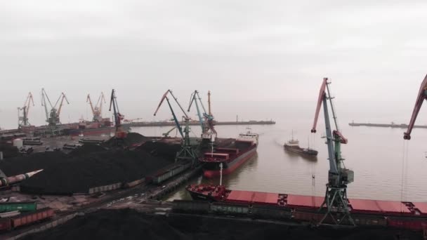 Disparos desde el dron de un puerto de carga marítima con grúas torre y petroleros y barcos que navegan a través de la bahía para cargar y descargar — Vídeos de Stock