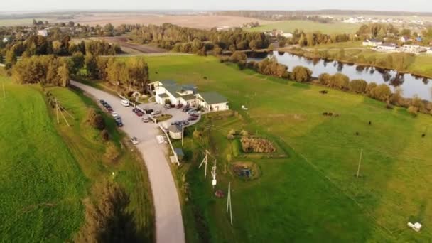 Bovenaanzicht van een prachtig huisje met geparkeerde auto 's en een dorp met grazende paarden aan de oever van de rivier op een zomerse dag — Stockvideo