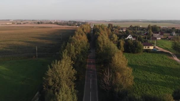 Bovenaanzicht van een lege weg tussen de bomen in de buurt van het dorp kruising met een snelweg met een drukke verkeer — Stockvideo
