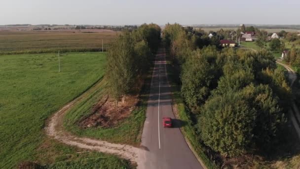 Sparatoria dal drone del movimento di una macchina rossa in autostrada tra gli alberi vicino al villaggio in una giornata estiva — Video Stock