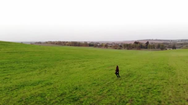 Aufnahmen von der Drohne eines jungen Mädchens in schwarzem Trenchcoat, das vor dem Hintergrund des Sonnenuntergangs über ein riesiges grünes Feld läuft — Stockvideo