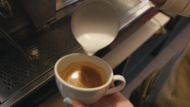 Barista, die in einem Café Schlagsahne in eine Tasse mit Kaffee gießt und an der Oberfläche ein Bild macht. Nahaufnahme — Stockvideo