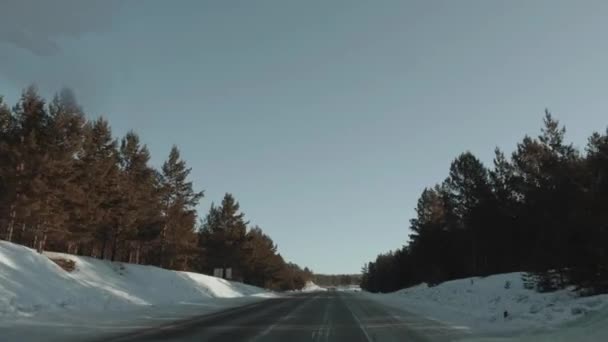 Vista attraverso il parabrezza di un'auto su un'autostrada circondata da una foresta in una giornata di sole invernale — Video Stock