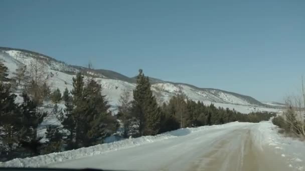 Çam ormanındaki bir arabanın ön camından karlı bir yol ve güneşli bir dağ sıraları boyunca büyüyen — Stok video