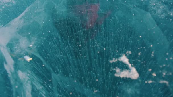 Εκπληκτική θέα των σειρών του παγωμένου αέρα φυσαλίδες στο διαφανές μπλε πάγο της λίμνης Baikal — Αρχείο Βίντεο