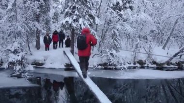 Murmansk bölgesi, Rusya - 10 Ocak 2021: Aşırı kış yürüyüşü. Turistler ahşap bir tahtanın üzerinde nehri geçiyor. Halata tutunuyorlar.