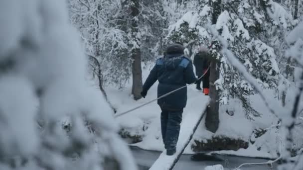 Murmanszk régió, Oroszország - január 10, 2021: Egy szélsőséges téli túra során, egy csoport turista átkel a folyón az erdőben a fából készült deszka — Stock videók