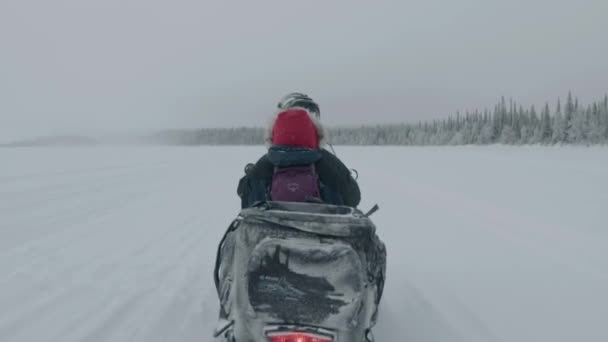 Murmansk region, Russia - January 10, 2021: Extreme snowmobile ride on a snowy road next to a forest. Back view — Vídeo de stock