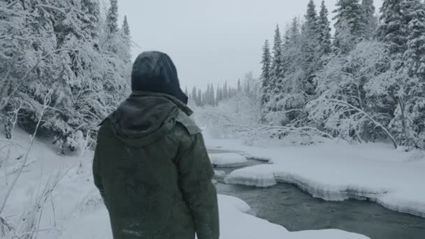 Látok egy férfit hátulról a folyóparton a téli erdőben. Nyugodt és elmélkedő koncepció — Stock videók