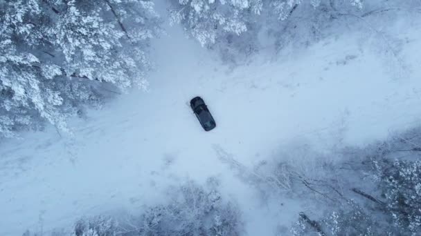 A car stands at the intersection of two snowy roads in a winter forest. View from above.The camera moves in a circle — ストック動画