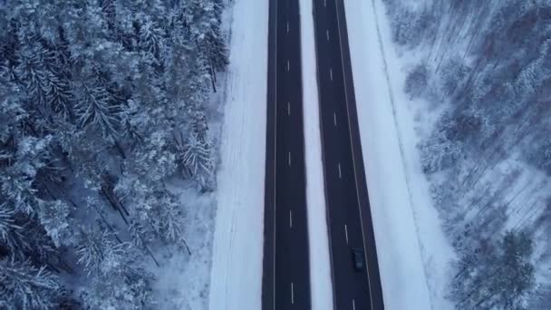 Vista dall'alto delle auto che percorrono l'autostrada tra la foresta innevata. Concetto viaggio invernale — Video Stock