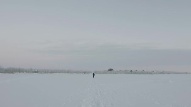 Een man die over een pad rent in een besneeuwd veld. Achteraanzicht — Stockvideo