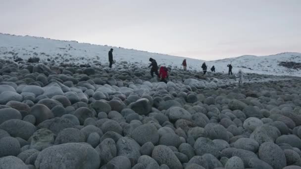 Murmansk region, Ryssland - 10 januari 2021: En grupp turister promenader längs Dinosaurie Ägg stranden på Barents hav kusten och klättra över stora stenblock — Stockvideo