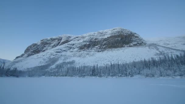 青空に背を向けて山の麓に広がる雪に覆われた森の絶景 — ストック動画