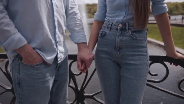 Um casal amoroso está em uma ponte no parque contra o fundo de uma fonte e de mãos dadas. Movimento lento — Vídeo de Stock