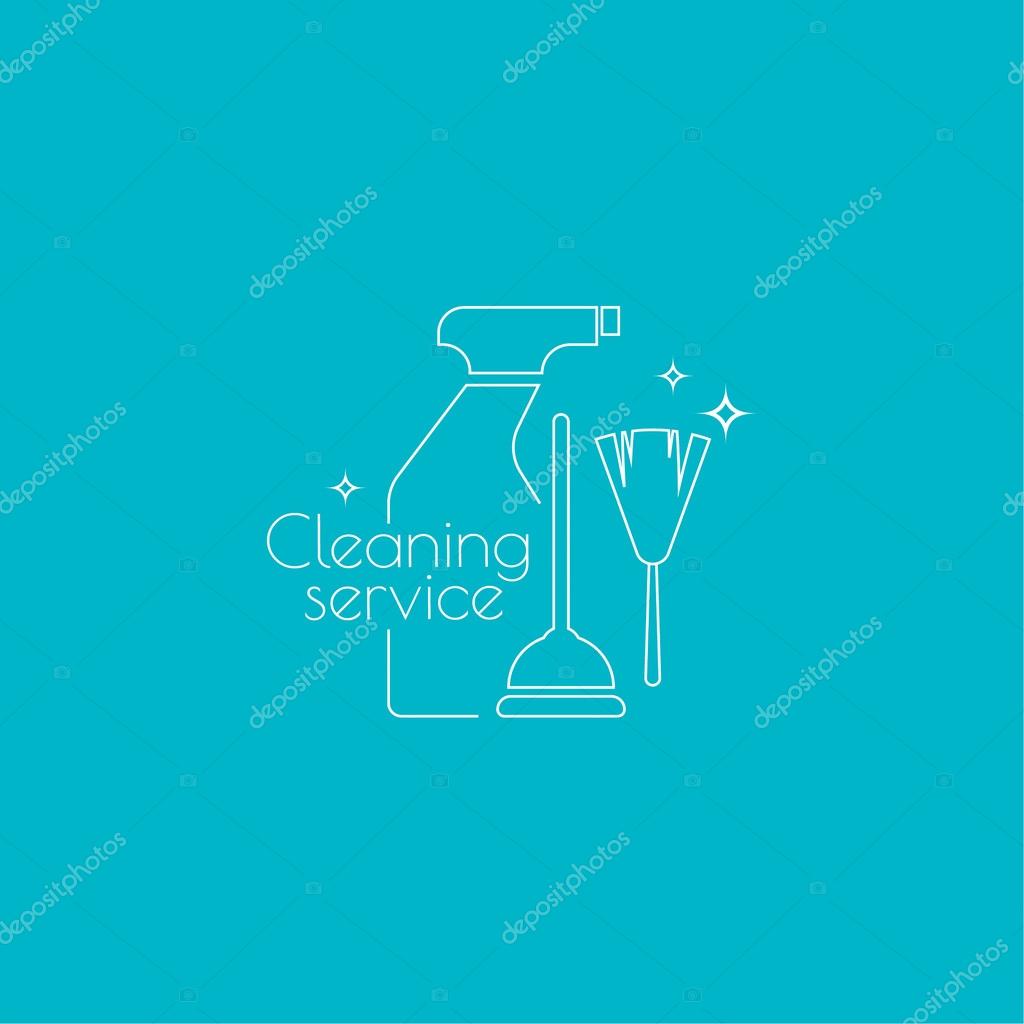 Vector icon hand brooms and plunger,  sprayer. Linear icon. Thin line. The concept of home cleaning and cleanliness. The symbol of house cleaning. cleaning pipe and toilet  service.
