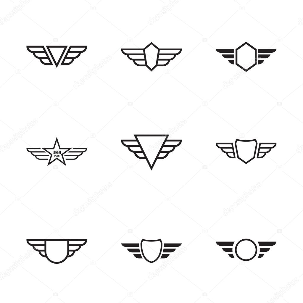Badge and shield with wings. Symbol of military and civil aviation. Outline  emblems