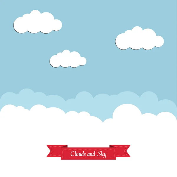 Blauwe hemel met witte wolken en een rood lint. — Stockvector