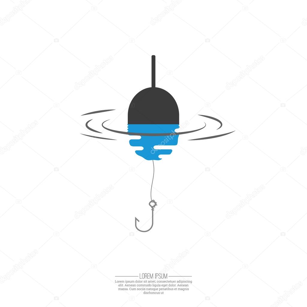 Float, fishing line and hook. Logo symbol with reflection in the water. The concept of the trap, bait.