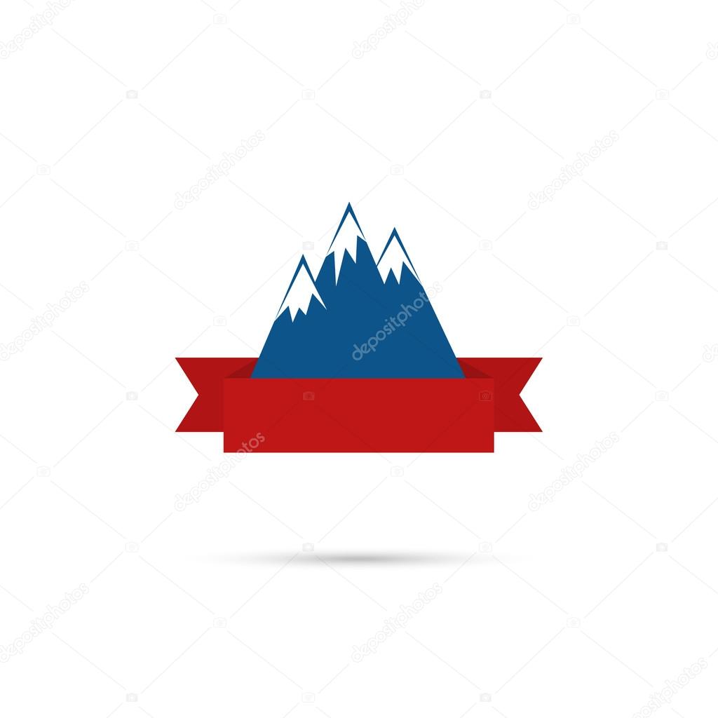 Mountains with ribbon for your text. Vector icon. Logo. Hiking, climbing, travel. Investigation of the Wild