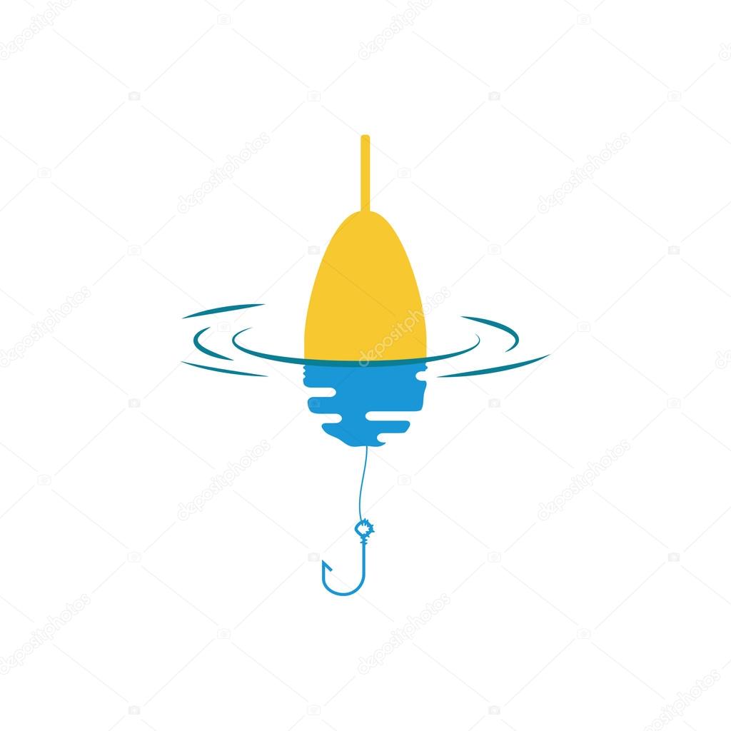 Float, fishing line and hook. Logo symbol with reflection in the water. The concept of the trap, bait.