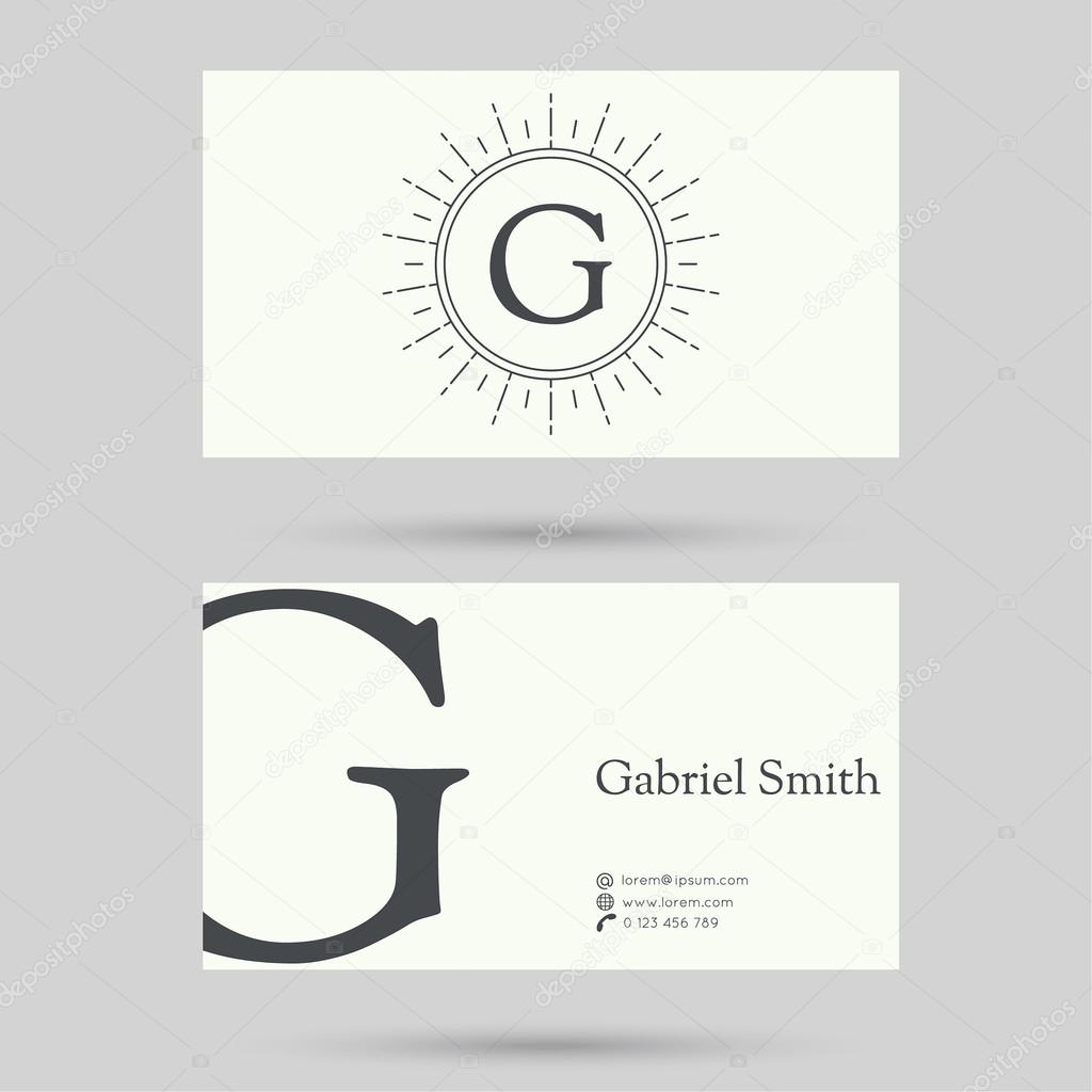 Trendy business card template with vintage hipster banners, insignias, radial sunbusrt. Flat design. minimalism, outline. Logo or corporate identity. letter g