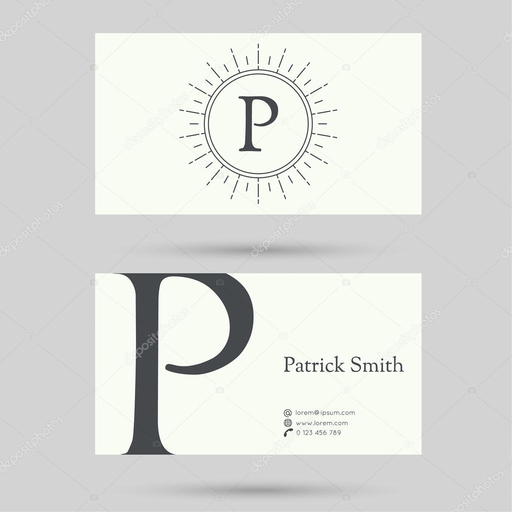 Trendy business card template with vintage hipster banners, insignias, radial sunbusrt. Flat design. minimalism, outline. Logo or corporate identity. letter p