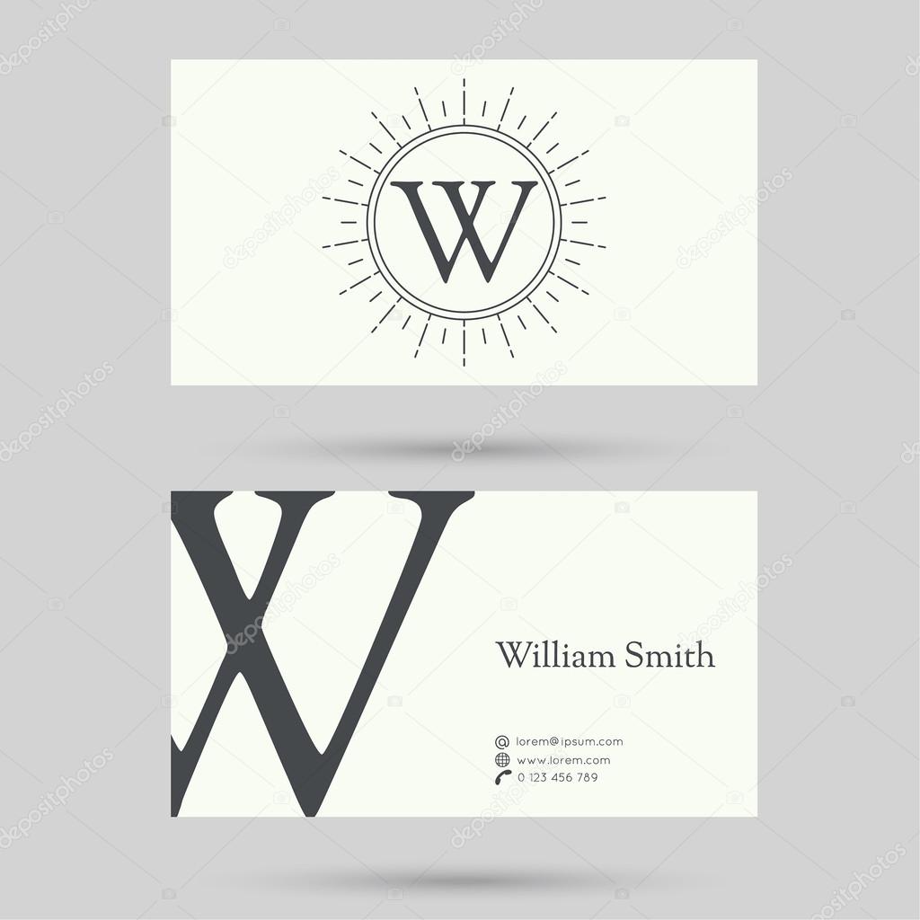 Trendy business card template with vintage hipster banners, insignias, radial sunbusrt. Flat design. minimalism, outline. Logo or corporate identity. letter w
