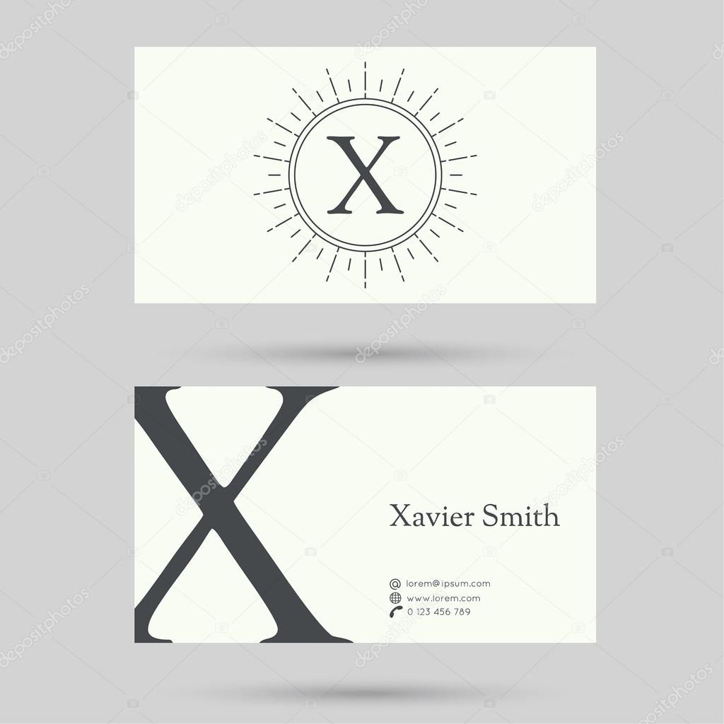Trendy business card template with vintage hipster banners, insignias, radial sunbusrt. Flat design. minimalism, outline. Logo or corporate identity. letter x