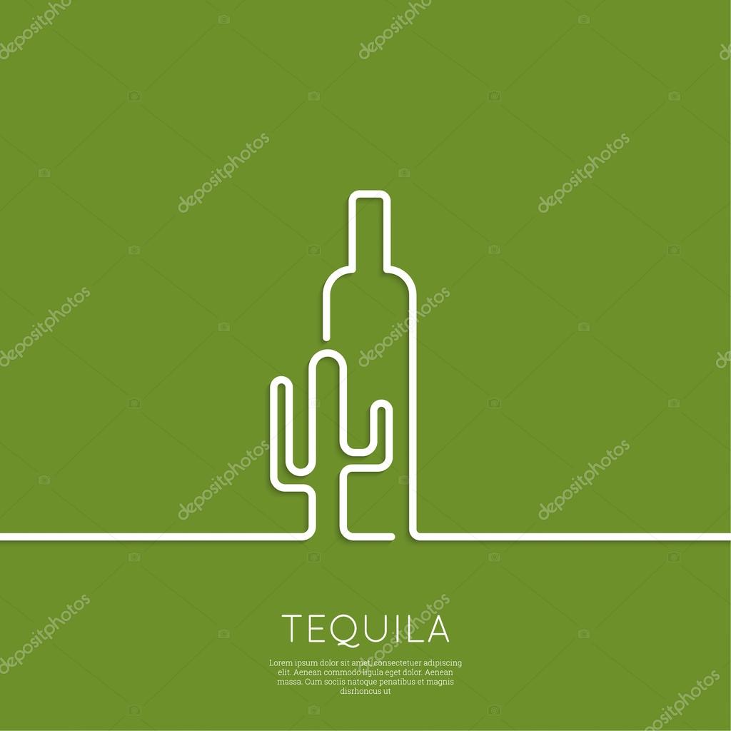 Bottle of tequila with cactus on a green background. Icon, symbol, logo alcohol. For the menu, bar, restaurant, wine list. minimal. Outline