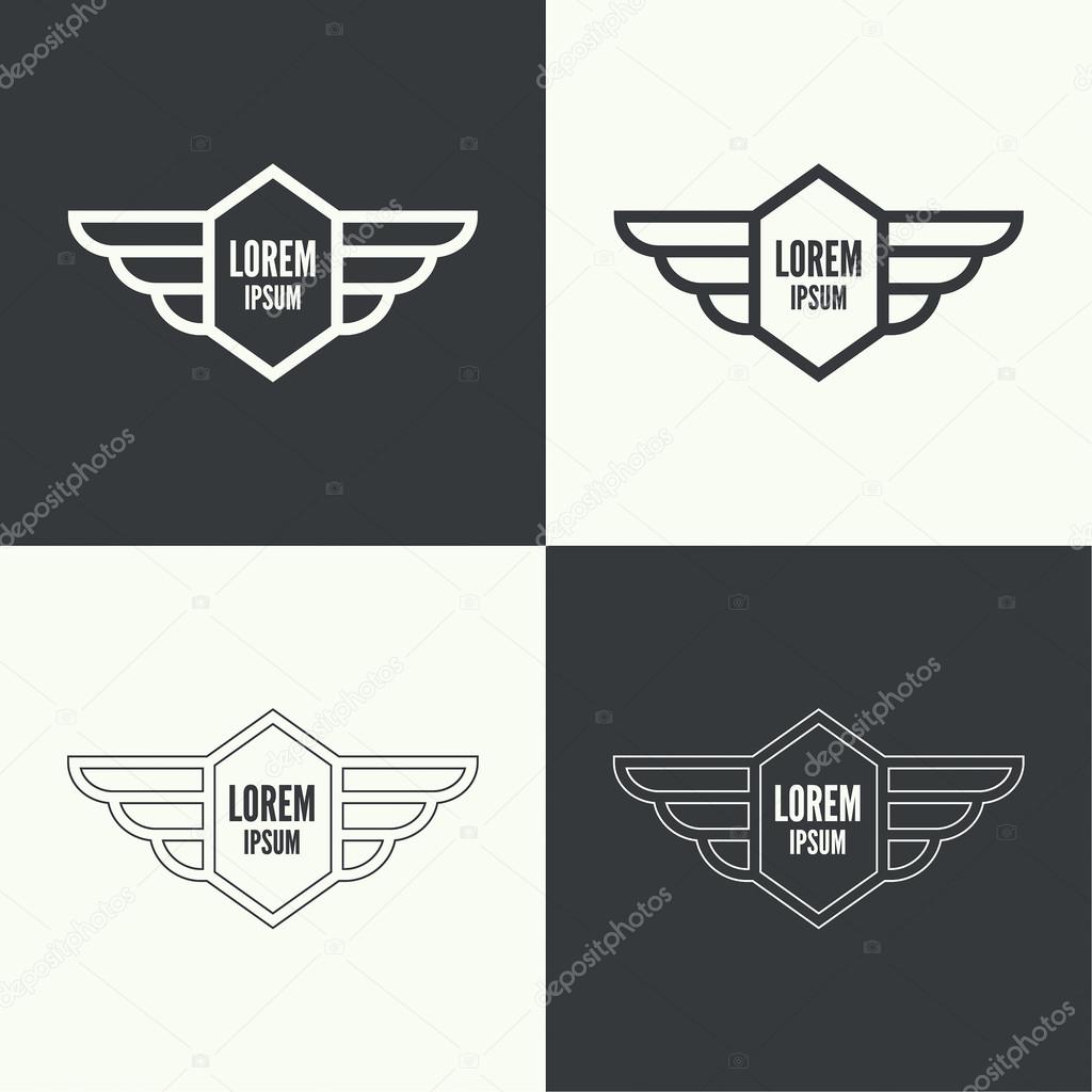 Badge and shield with wings. Symbol of military and civil aviation. Outline  emblems
