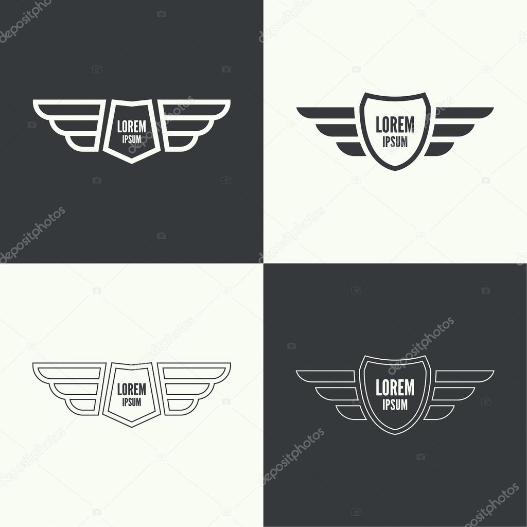 Badge and shield with wings. Symbol of military and civil aviation. Outline  emblems