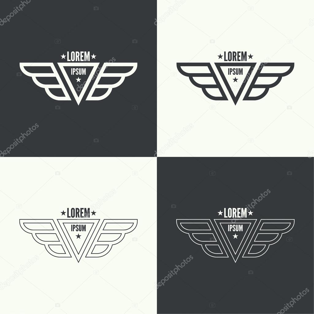 Badge and shield with wings. Symbol of military and civil aviation. Outline  emblems