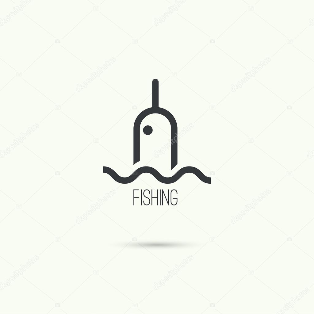 Float, fishing line. Logo symbol with reflection in the water. The concept of the trap, bait