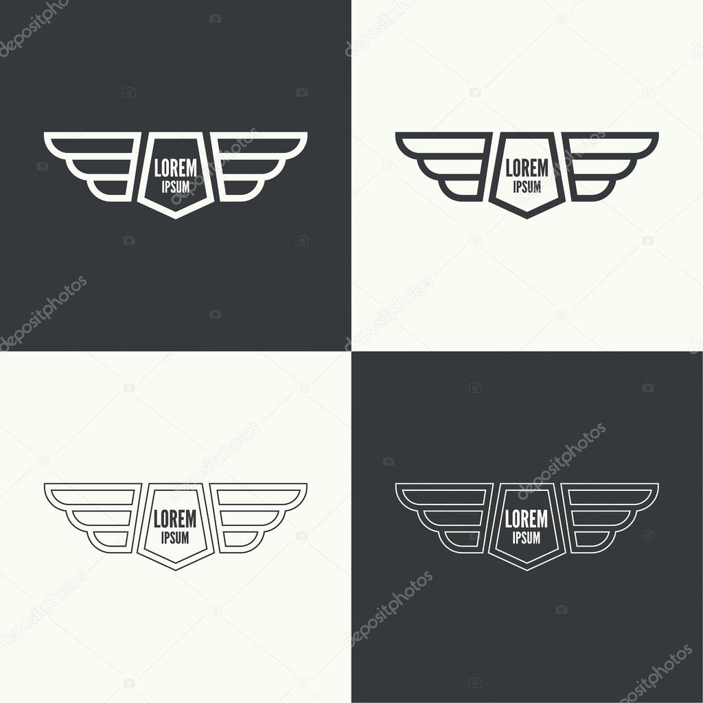 Badge and shield with wings. Symbol of military and civil aviation. Outline  emblems