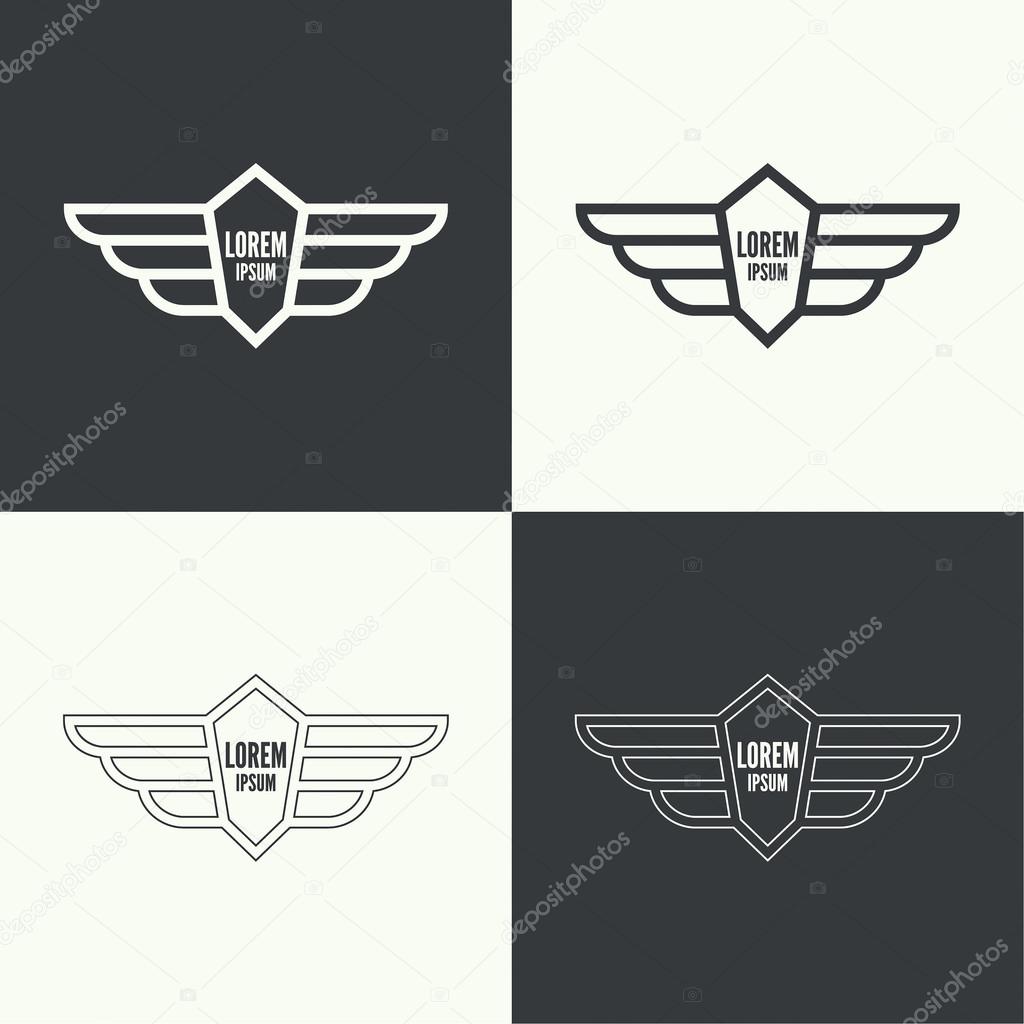 Badge and shield with wings. Symbol of military and civil aviation. Outline  emblems