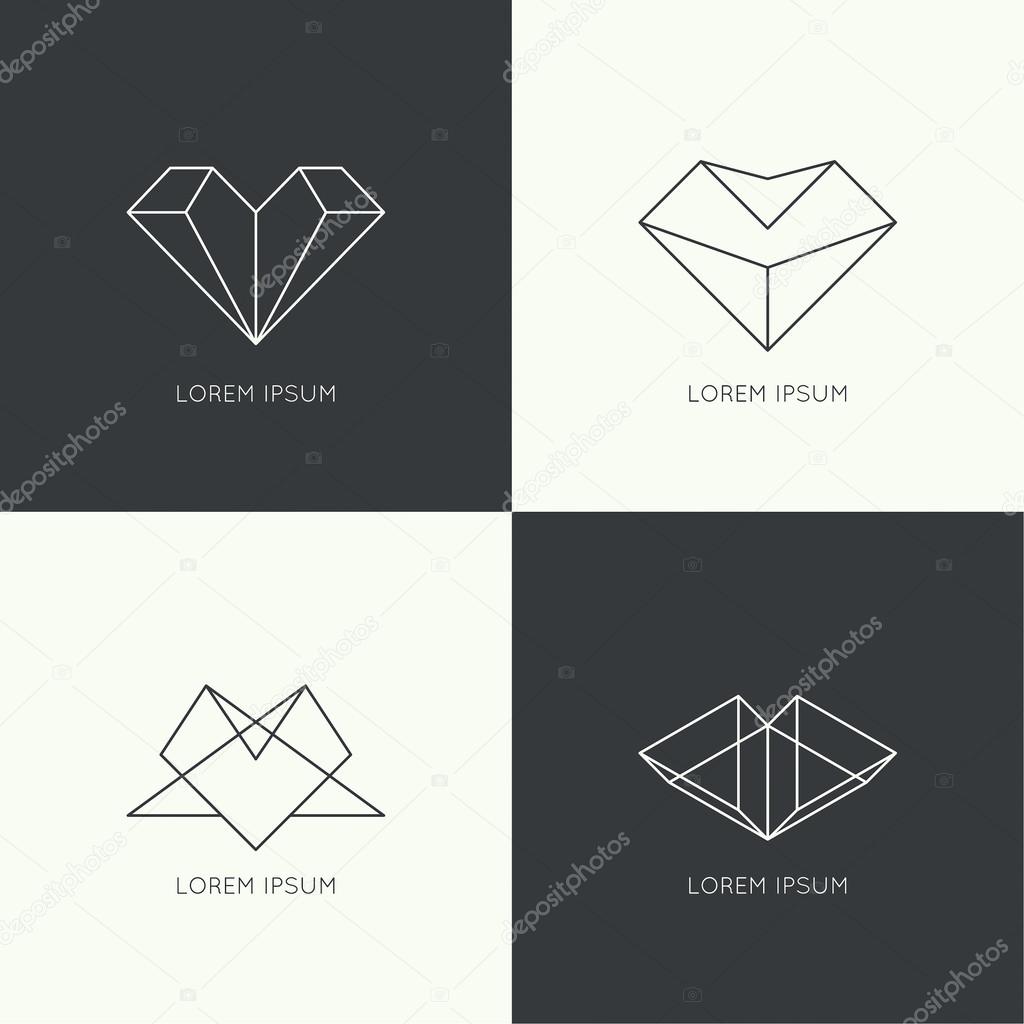 Set of vector hipster logo, badge, monogram, banner, insignias. Border and frame. Minimal design. Outline. heart, ruby, diamond