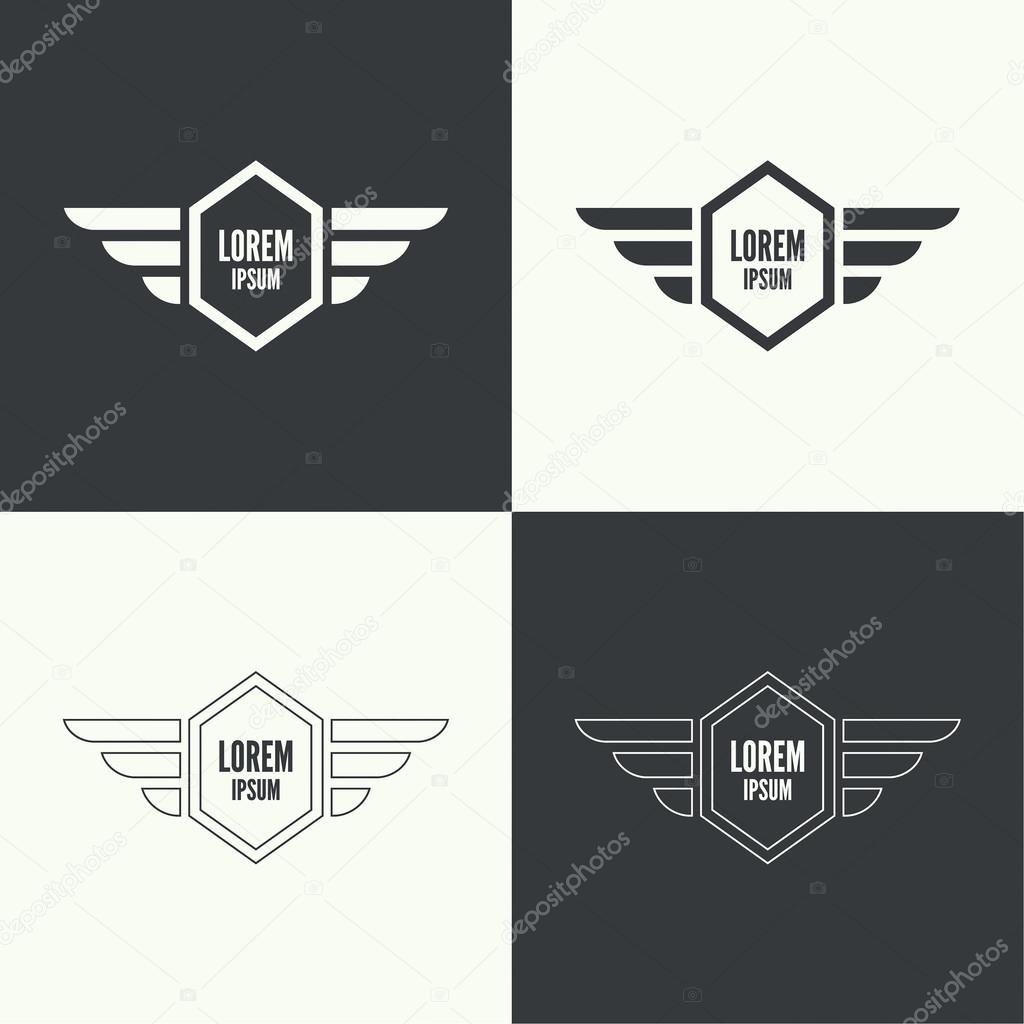 Badge and shield with wings. Symbol of military and civil aviation. Outline  emblems