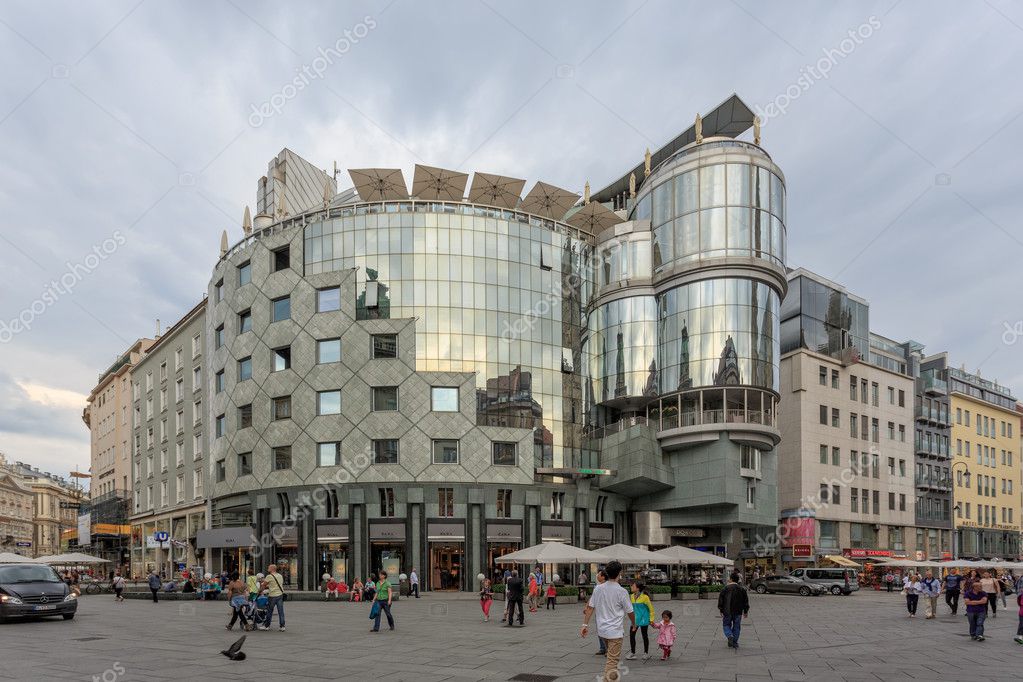 VIENNA, AUSTRIA - JUNE 27, 2015: Haas-Haus on Stephansplatz in Vienna. Building was designed by architect Hans Hollein in the postmodernist style