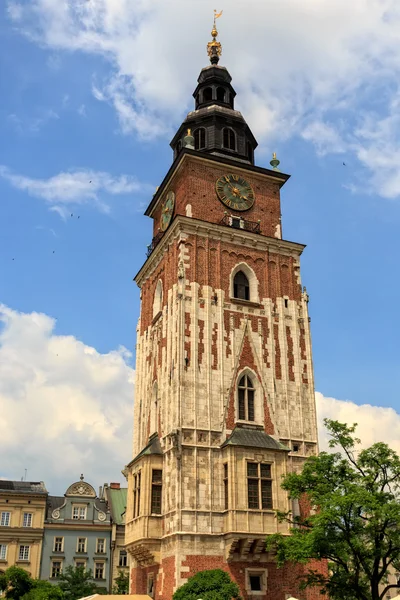 City Hall tower against blue sky on main market square of Krakow — Stock Photo, Image