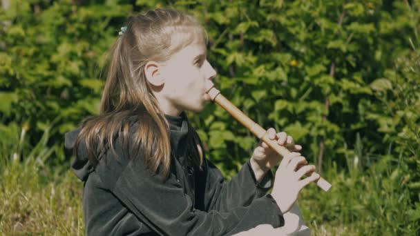 Fille mignonne jouer de la flûte sur la nature — Video